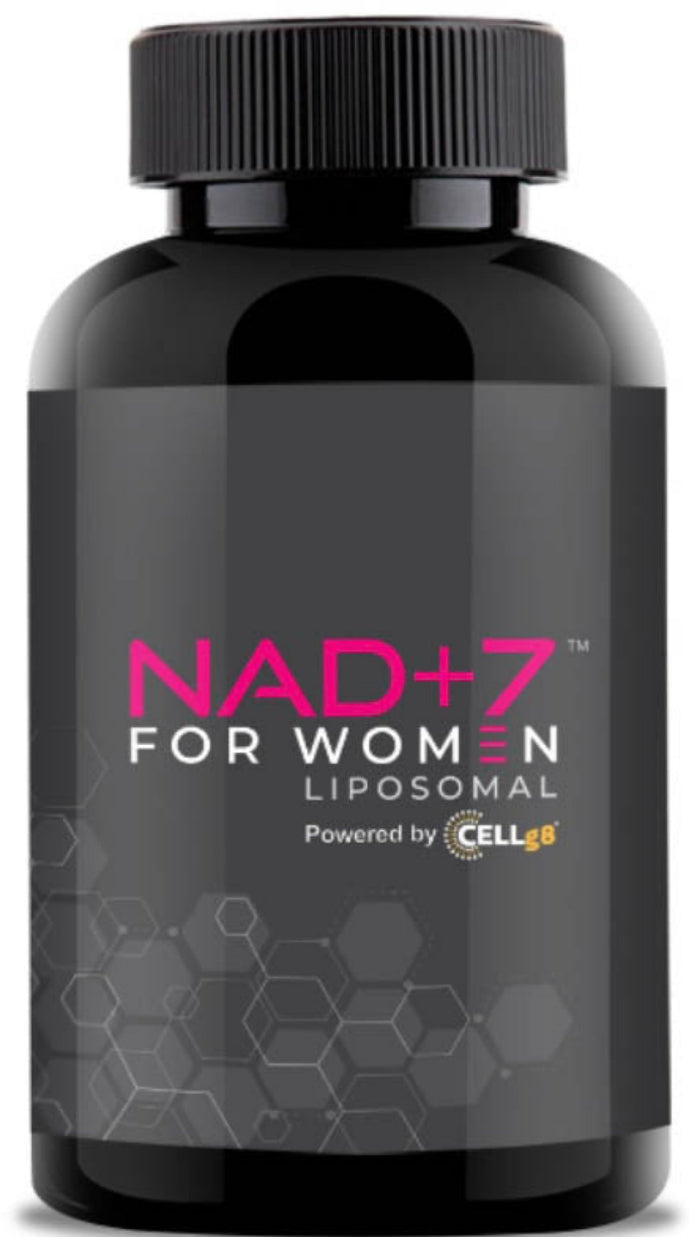 Bottle of NAD+7 for Women liposomal supplement on a white background