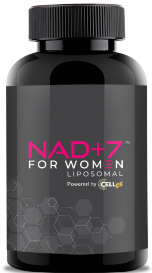 Bottle of NAD+7 for Women liposomal supplement on a white background